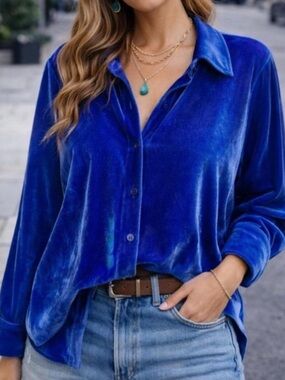 Soft Surroundings Cobalt Blue Velvet Boyfriend Tunic Top 2X Luxe Stretch